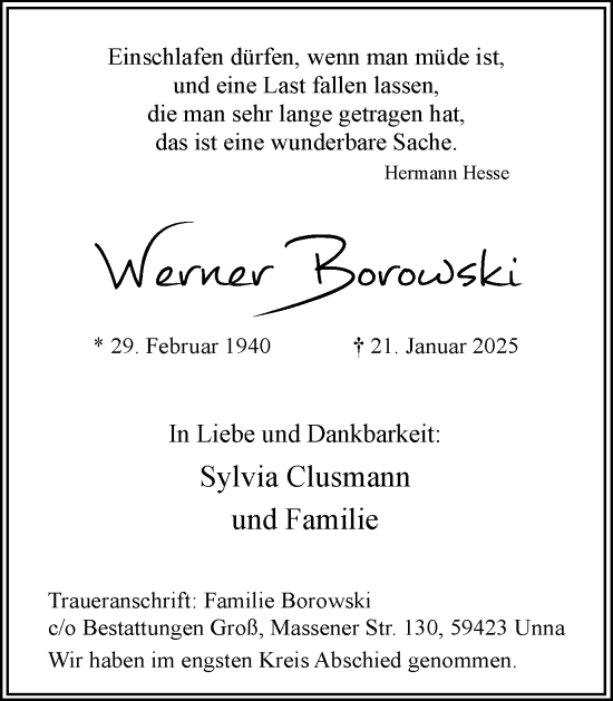 Traueranzeige von Werner Borowski von Hellweger Anzeiger