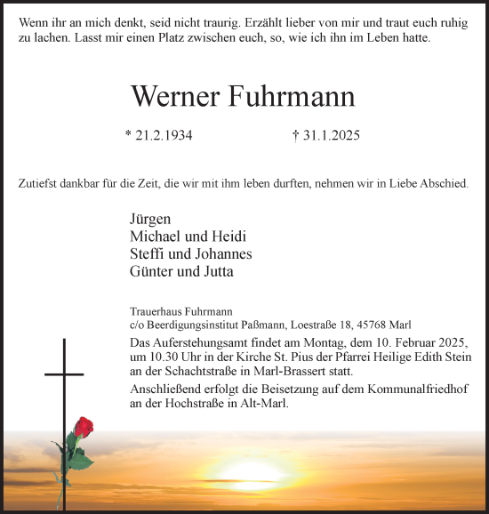 Traueranzeige von Werner Fuhrmann von Trauer Vest