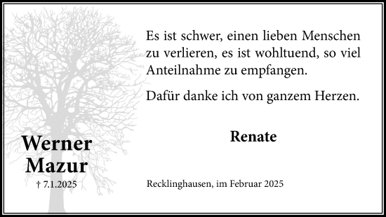 Traueranzeige von Werner Mazur von Trauer Vest