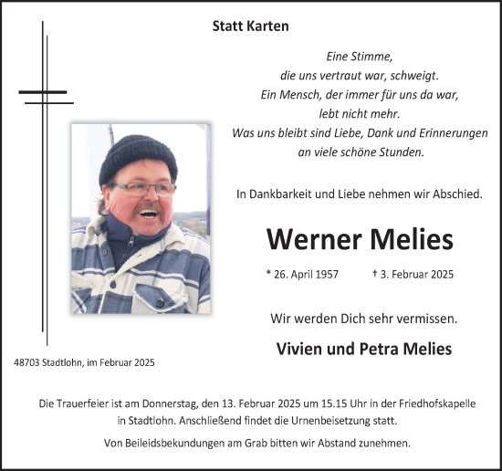 Traueranzeige von Werner Melies von Münsterland Zeitung