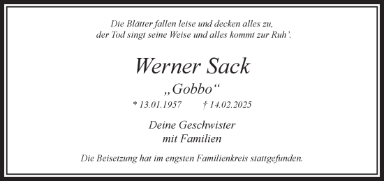 Traueranzeige von Werner Sack 