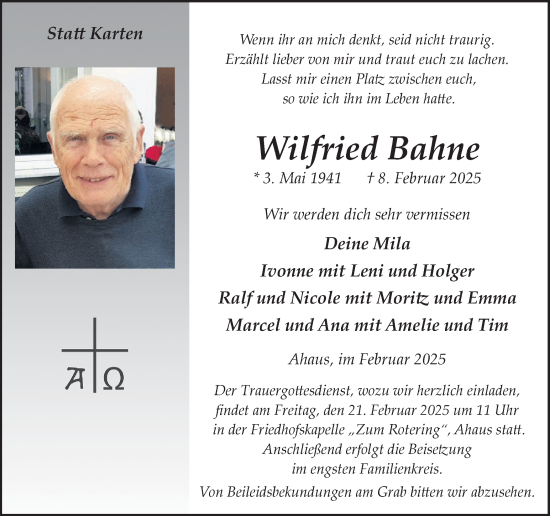 Traueranzeige von Wilfried Bahne von Münsterland Zeitung