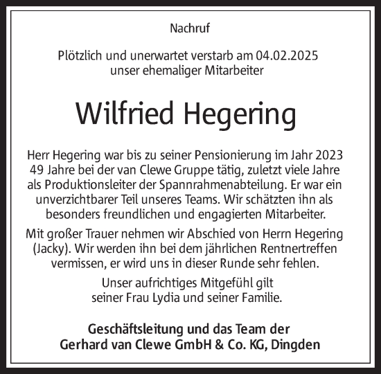 Traueranzeige von Wilfried Hegering 