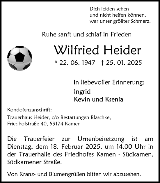 Traueranzeige von Wilfried Heider von Hellweger Anzeiger