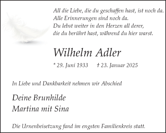 Traueranzeige von Wilhelm Adler von Trauer Vest