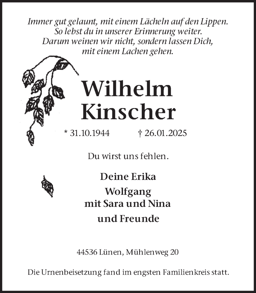  Traueranzeige für Wilhelm Kinscher vom 22.02.2025 aus Lüner Anzeiger