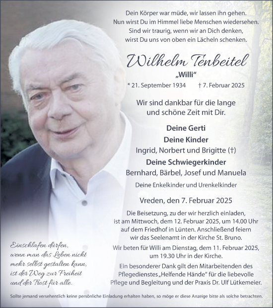 Traueranzeige von Wilhelm Tenbeitel von Münsterland Zeitung