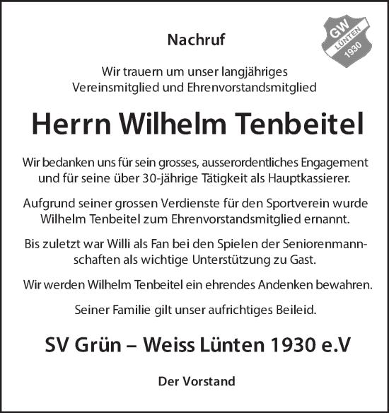Traueranzeige von Wilhelm Tenbeitel von Münsterland Zeitung