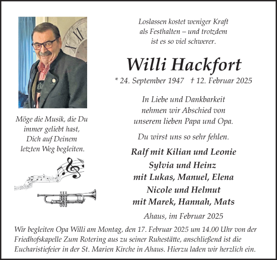 Traueranzeige von Willi Hackfort von Münsterland Zeitung