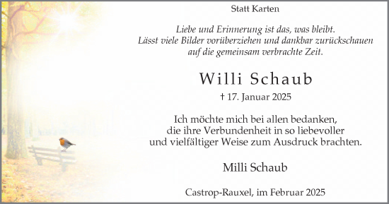 Traueranzeige von Willi Schaub von Stadtanzeiger Castrop-Rauxel