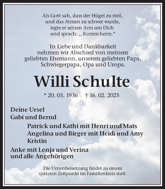 Traueranzeige von Willi Schulte von Trauer Vest