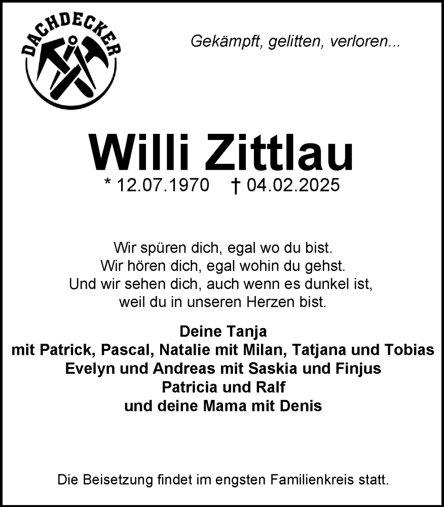  Traueranzeige für Willi Zittlau vom 15.02.2025 aus Stadtanzeiger Castrop-Rauxel