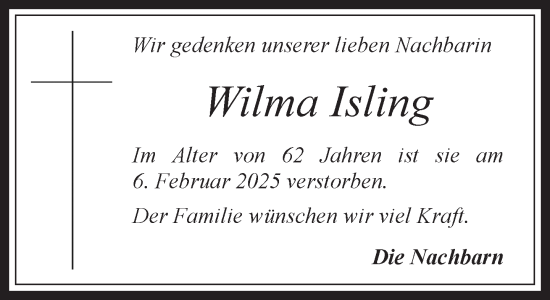 Traueranzeige von Wilma Isling 