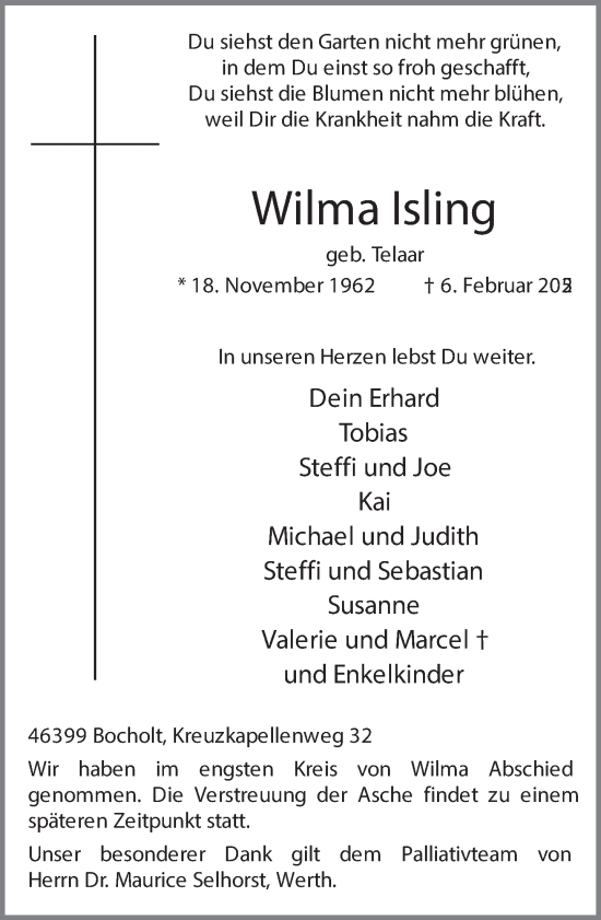 Traueranzeige von Wilma Isling 