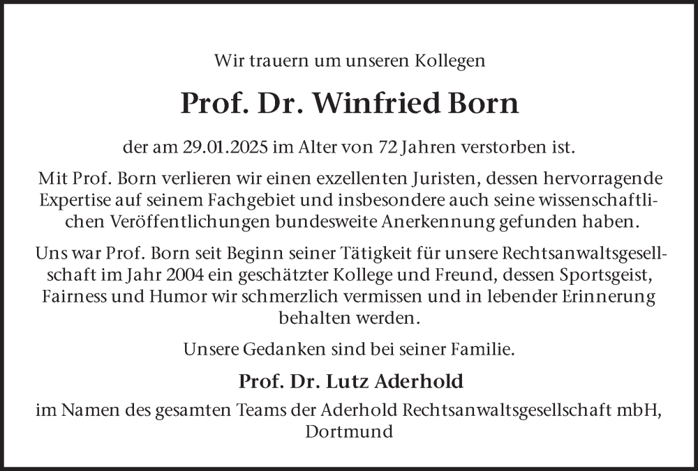  Traueranzeige für Winfried Born vom 08.02.2025 aus Ruhr Nachrichten