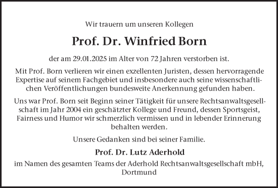 Traueranzeige von Winfried Born von Ruhr Nachrichten
