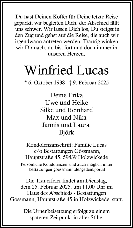 Traueranzeige von Winfried Lucas von Hellweger Anzeiger