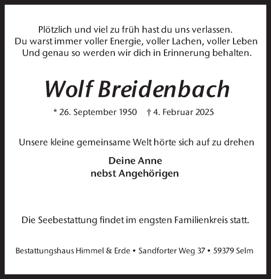 Traueranzeige von Wolf Breidenbach von Ruhr Nachrichten