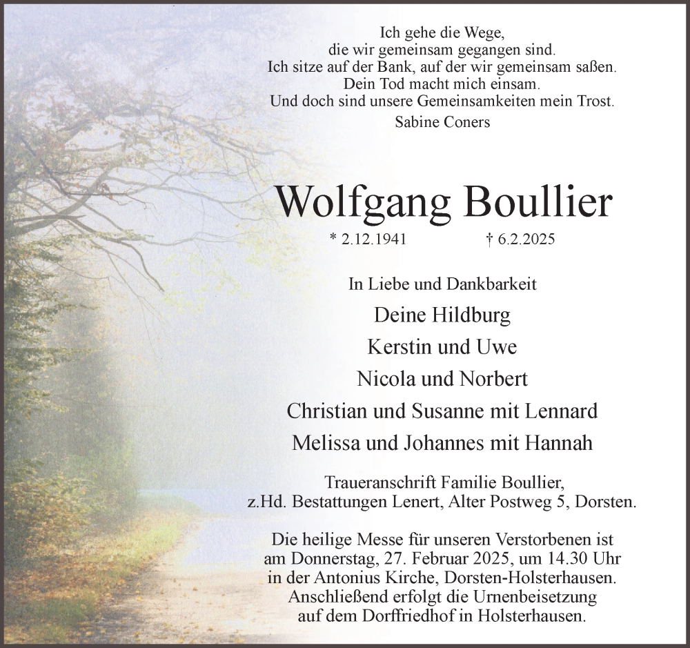 Traueranzeige für Wolfgang Boullier vom 15.02.2025 aus Ruhr Nachrichten und Dorstener Zeitung