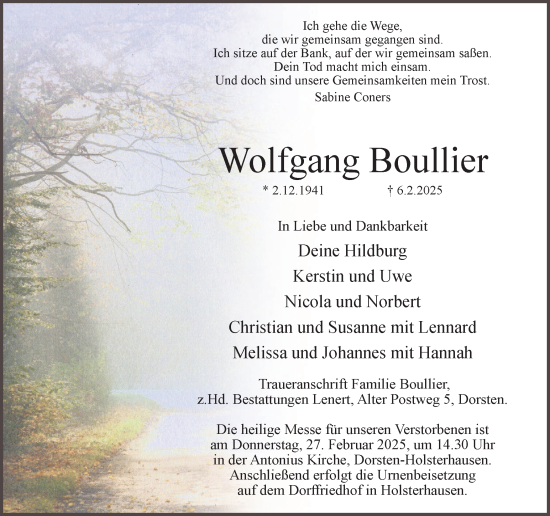 Traueranzeige von Wolfgang Boullier von Ruhr Nachrichten und Dorstener Zeitung
