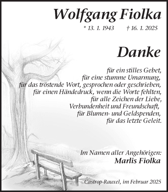 Traueranzeige von Wolfgang Fiolka von Stadtanzeiger Castrop-Rauxel