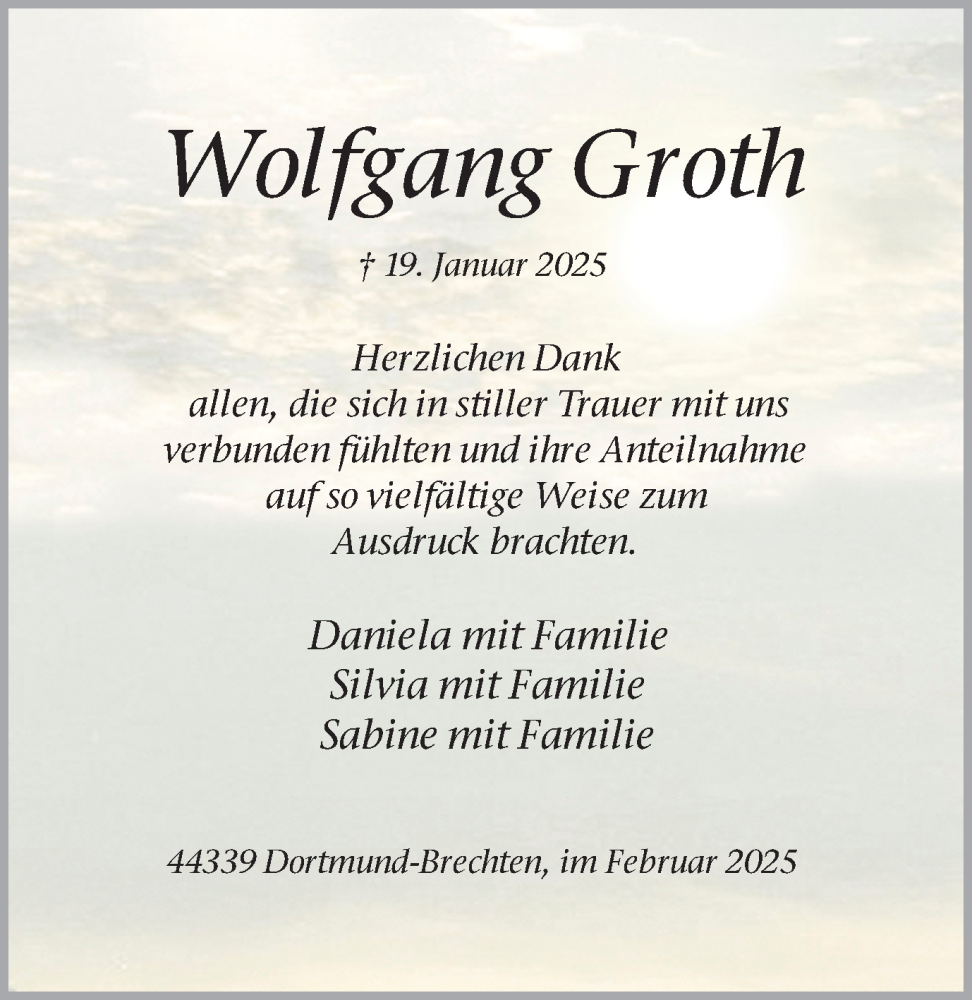  Traueranzeige für Wolfgang Groth vom 22.02.2025 aus Ruhr Nachrichten