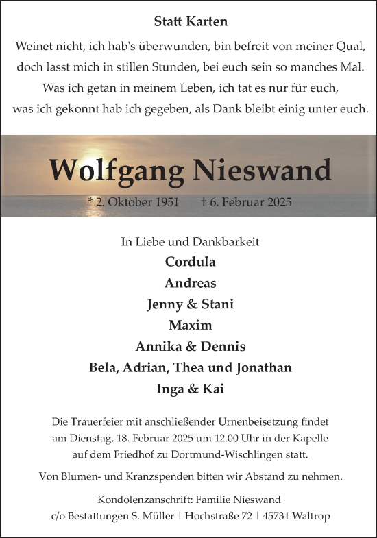 Traueranzeige von Wolfgang Nieswand von Ruhr Nachrichten