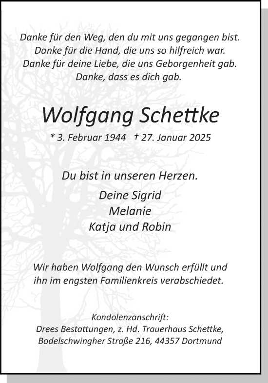 Traueranzeige von Wolfgang Schettke von Ruhr Nachrichten