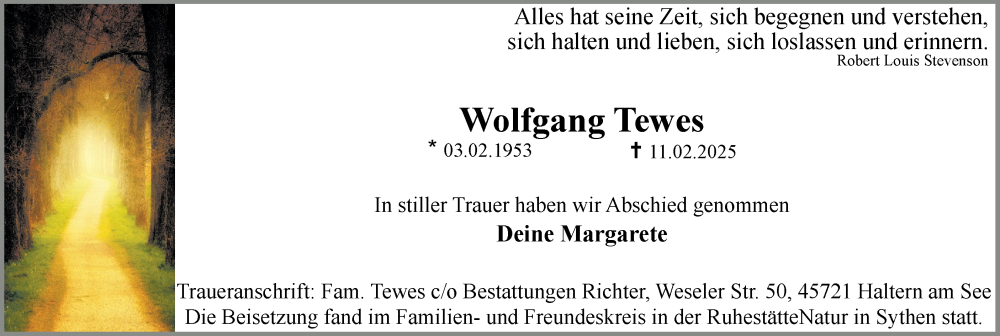  Traueranzeige für Wolfgang Tewes vom 22.02.2025 aus Ruhr Nachrichten und Halterner Zeitung