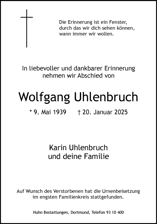 Traueranzeige von Wolfgang Uhlenbruch von Ruhr Nachrichten