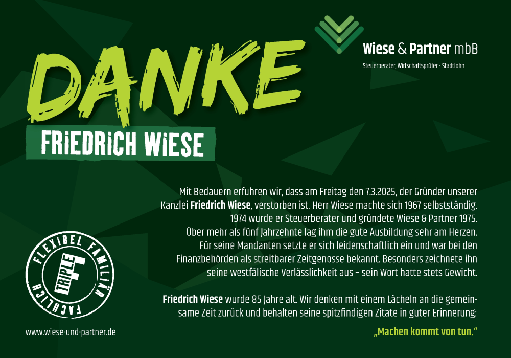  Traueranzeige für Friedrich Wiese vom 15.03.2025 aus Münsterland Zeitung