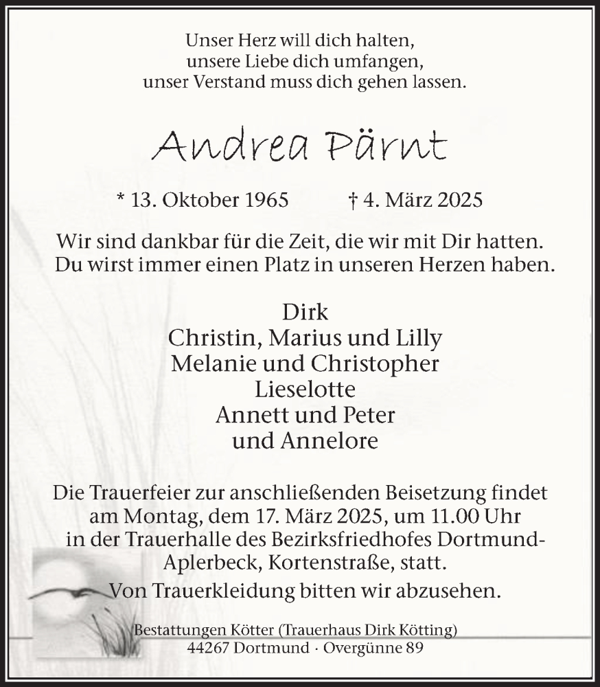  Traueranzeige für Andrea Pärnt vom 14.03.2025 aus 