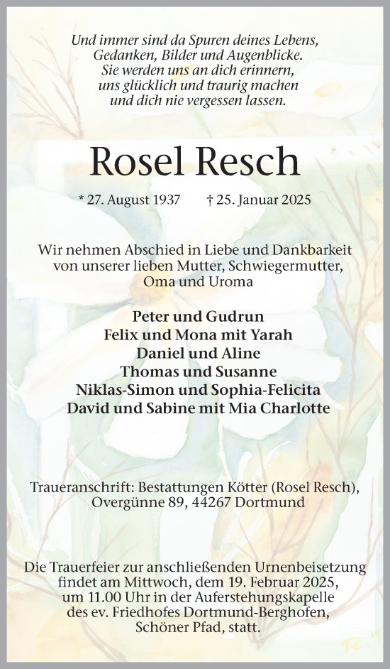 Traueranzeige von Rosel Resch von Ruhr Nachrichten