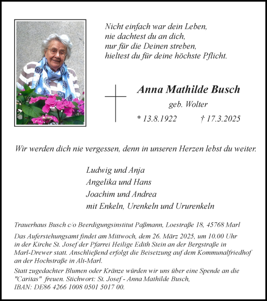 Traueranzeige von Anna Mathilde Busch von Medienhaus Bauer