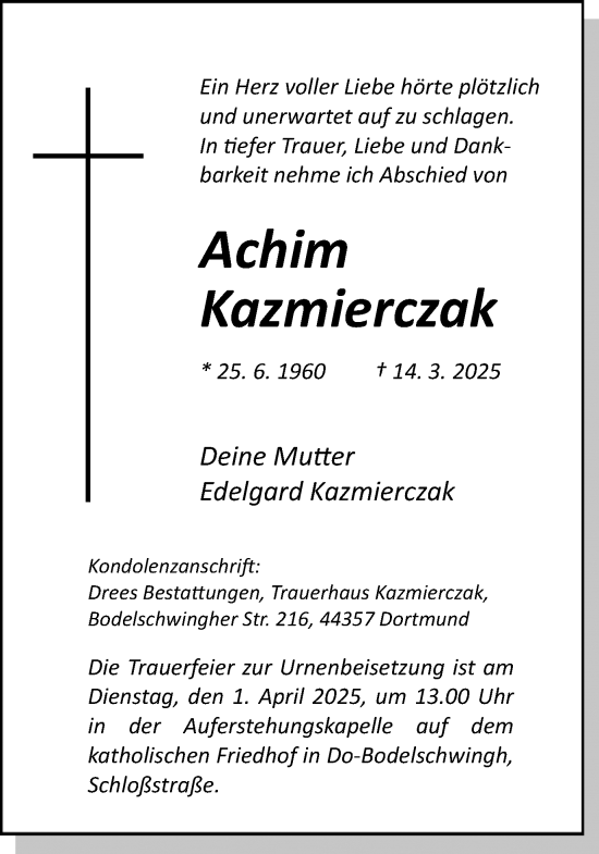 Traueranzeige von Achim Kazmierczak von Ruhr Nachrichten