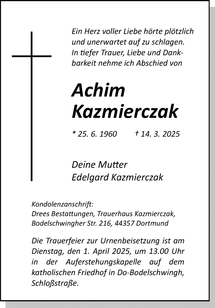  Traueranzeige für Achim Kazmierczak vom 22.03.2025 aus Ruhr Nachrichten