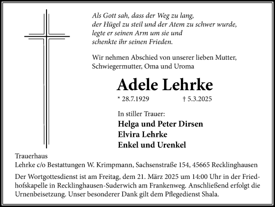 Traueranzeige von Adele Lehrke von Trauer Vest