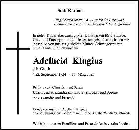 Traueranzeige von Adelheid Klugius von Ruhr Nachrichten