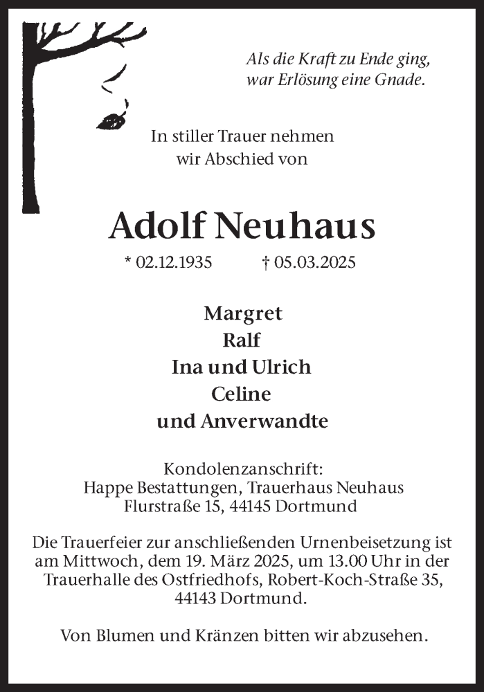  Traueranzeige für Adolf Neuhaus vom 15.03.2025 aus Ruhr Nachrichten