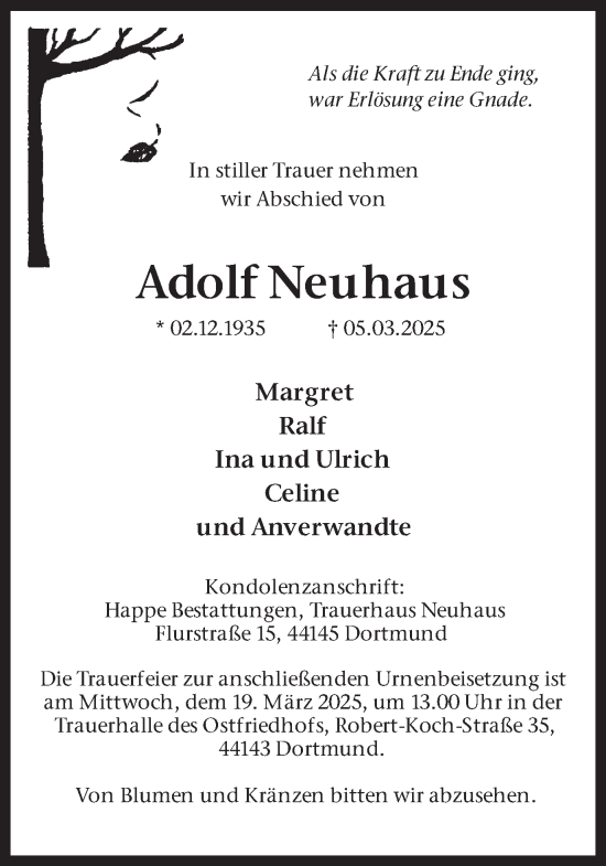 Traueranzeige von Adolf Neuhaus von Ruhr Nachrichten
