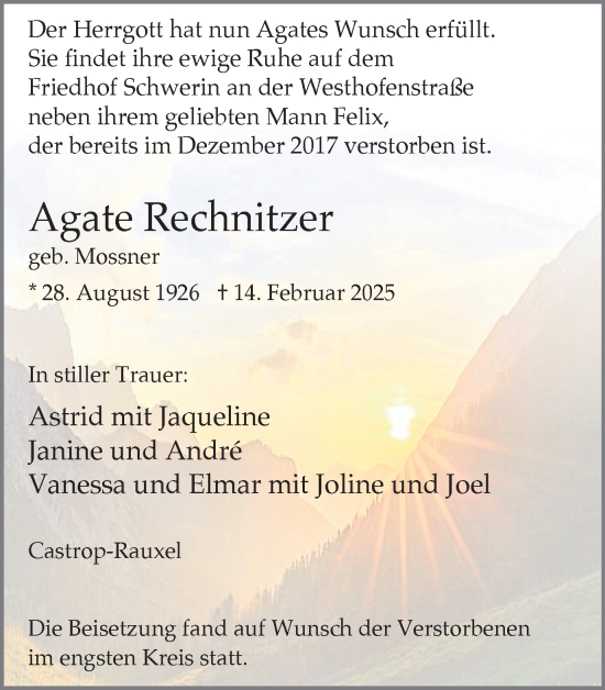 Traueranzeige von Agate Rechnitzer von Stadtanzeiger Castrop-Rauxel