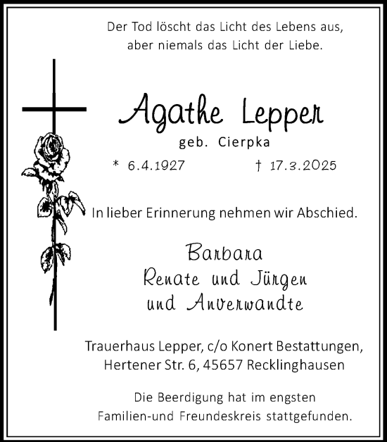 Traueranzeige von Agathe Lepper von Trauer Vest