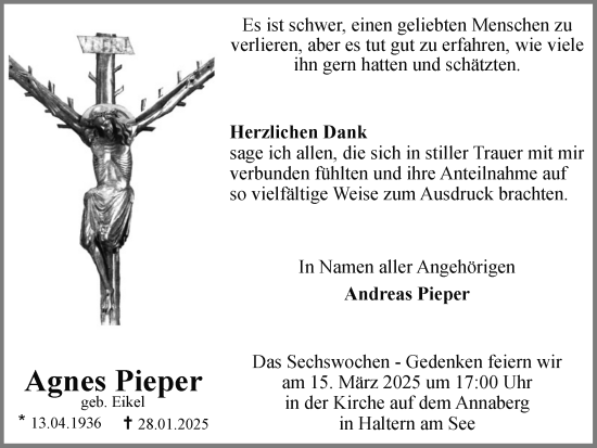Traueranzeige von Agnes Pieper von Ruhr Nachrichten und Halterner Zeitung