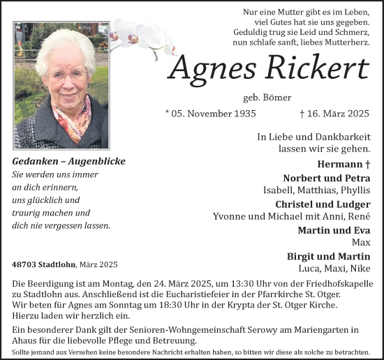 Traueranzeige von Agnes Rickert von Münsterland Zeitung