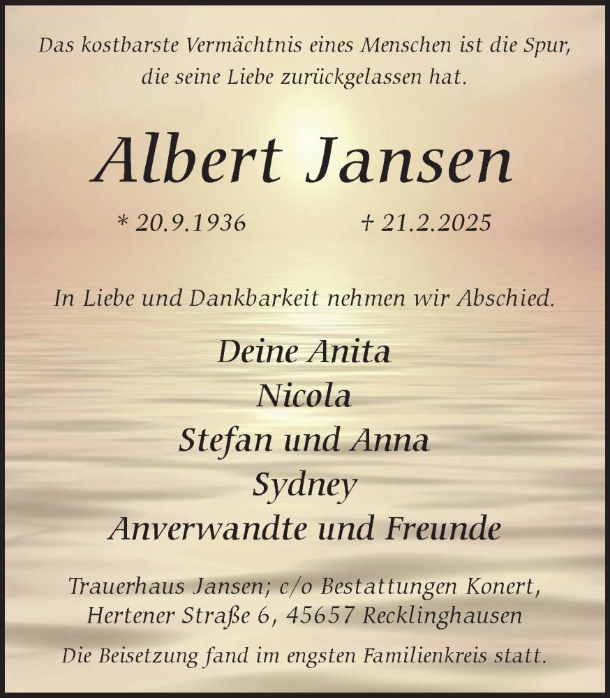  Traueranzeige für Albert Jansen vom 22.03.2025 aus Trauer Vest