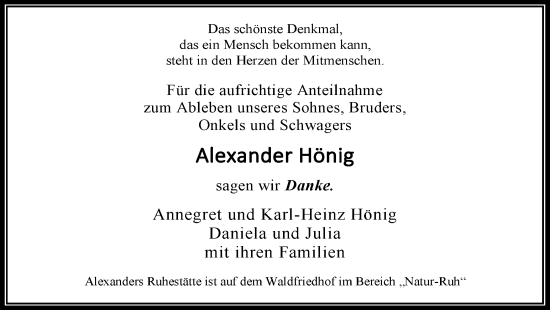 Traueranzeige von Alexander Hönig von Stadtanzeiger Castrop-Rauxel