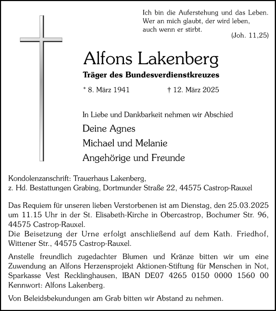 Traueranzeige von Alfons Lakenberg von Stadtanzeiger Castrop-Rauxel