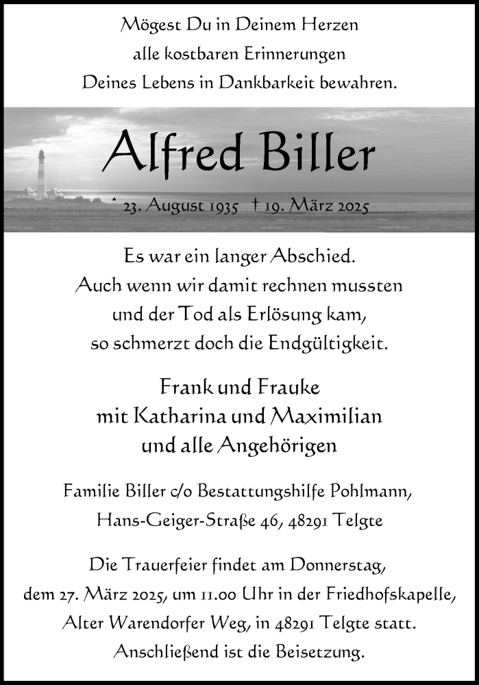  Traueranzeige für Alfred Biller vom 22.03.2025 aus Trauer Vest