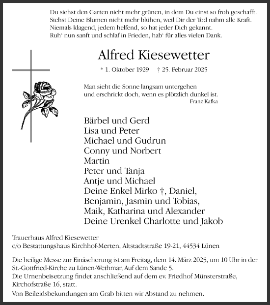 Traueranzeige von Alfred Kiesewetter von Ruhr Nachrichten