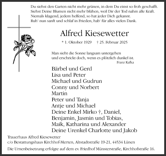 Traueranzeige von Alfred Kiesewetter von Lüner Anzeiger